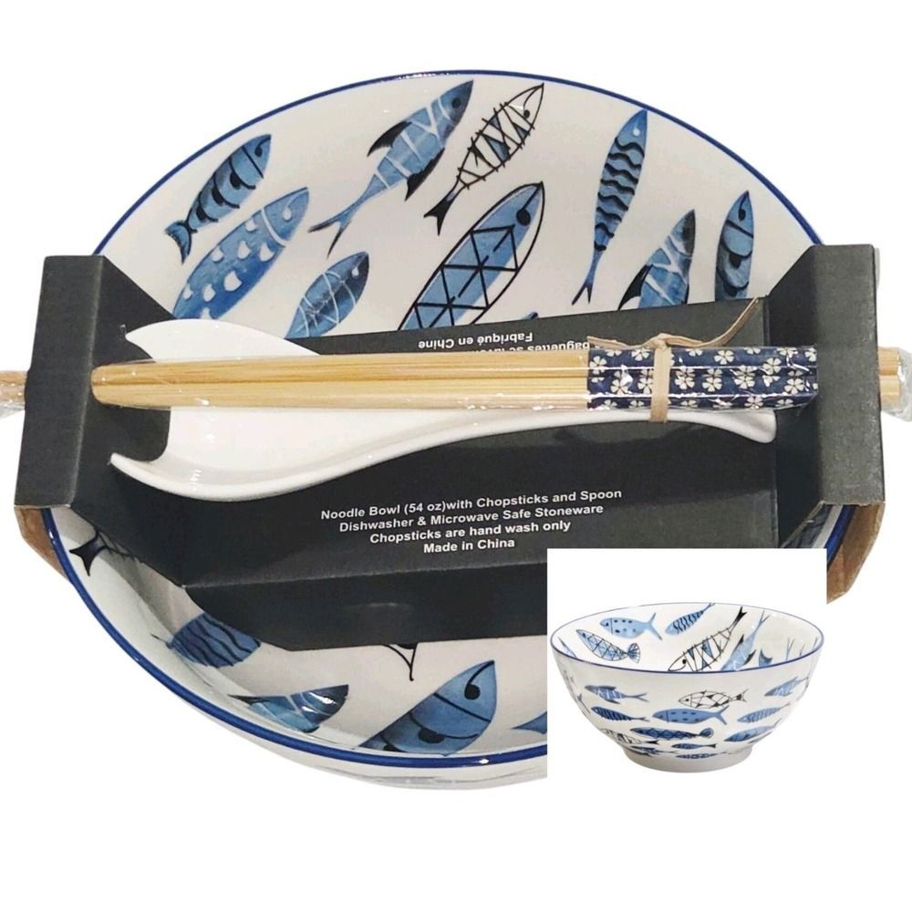 SH Home Blue Greek Fish Ceramic Ramen Noodle Bowl 54oz With‎ Chopsticks & Spoon